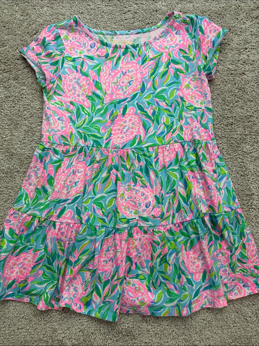 4/5T EUC Lily Pulitzer Bright Floral Tiered Short-Sleeve Top in Pink & Teal